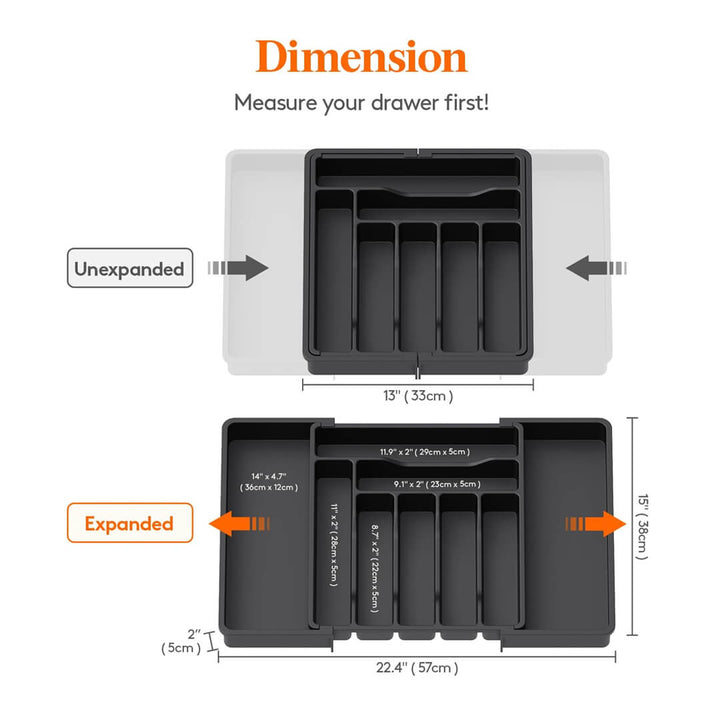 Expandable Kitchen drawer organizer for utensils, dimensions