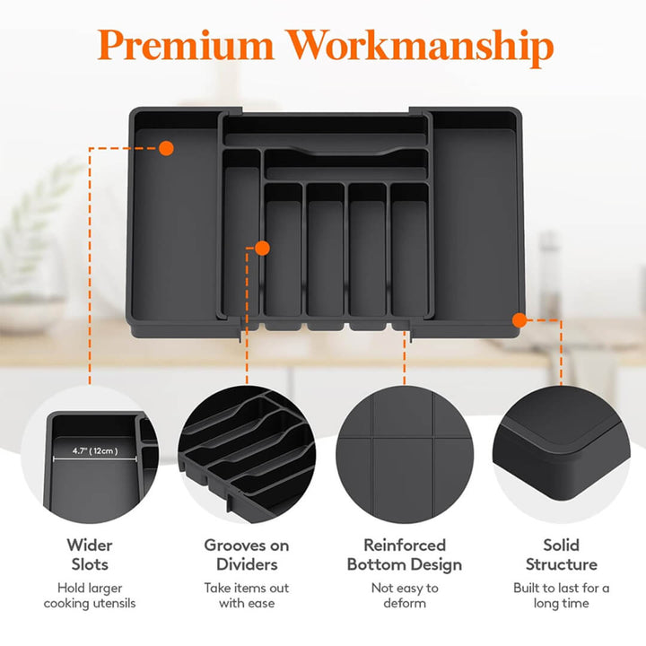 Black expandable Kitchen drawer organizer for utensils