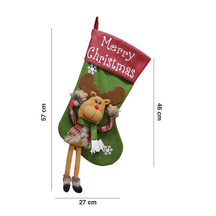 Christmas stocking with reindeer design and 'Merry Christmas' text, dimensions