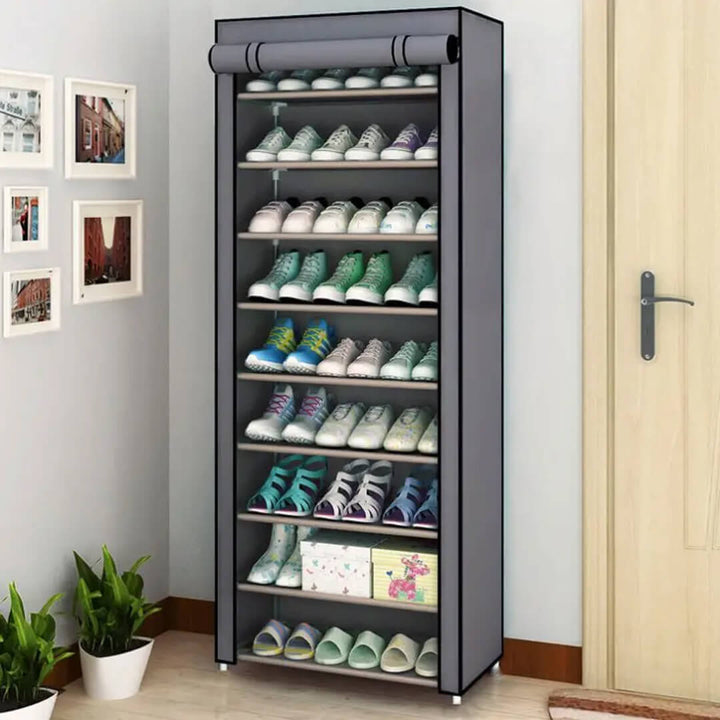 Space-saving 9-tier organizer with fabric shelves with zipper closure for dust free