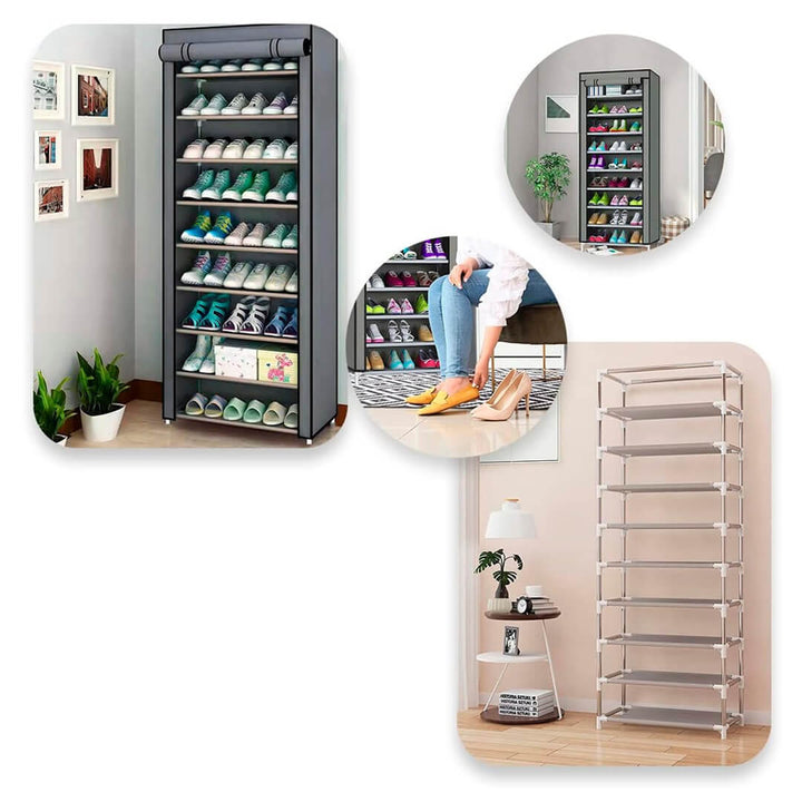 Space-saving 9-tier organizer with fabric shelves and an aluminum frame