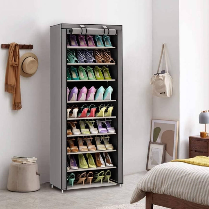 Grey 9 shelves fabric cabinet rack with aluminum frame