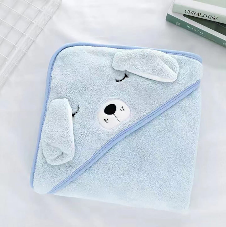 Fleece Baby Hooded Towel Blanket (Elephant, bear, dog, cat) Blue Dog