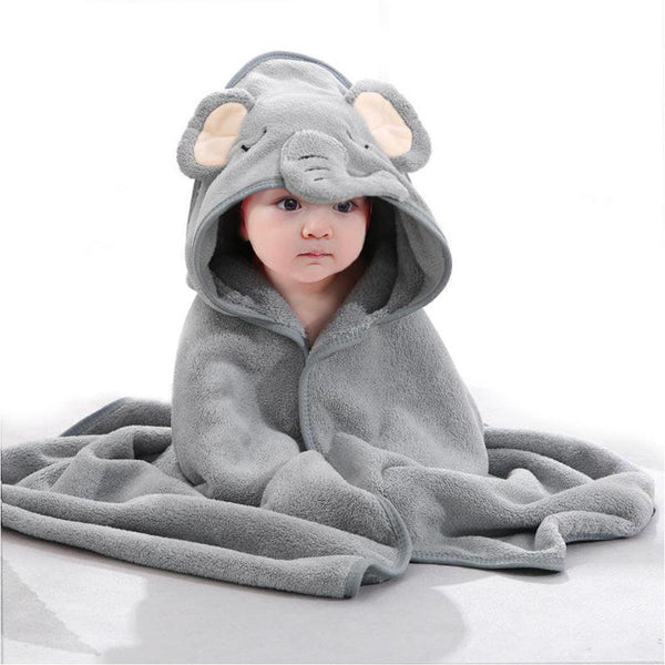 Fleece Baby Hooded Towel Blanket (Elephant, bear, dog, cat) Grey Elephant