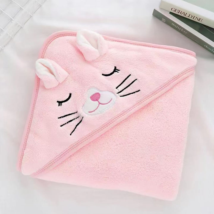 Fleece Baby Hooded Towel Blanket (Elephant, bear, dog, cat) Pink Cat