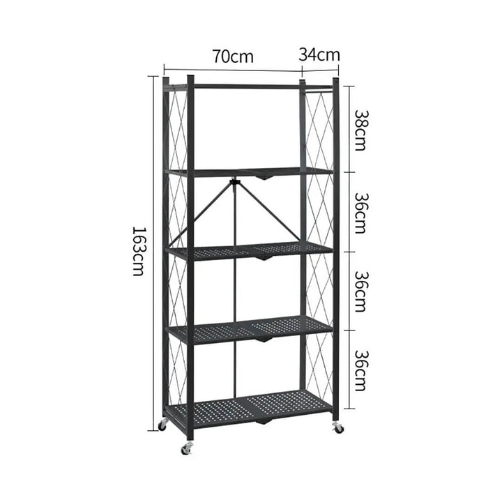 Foldable 5-Layer Metal Shelves with Wheels – Black