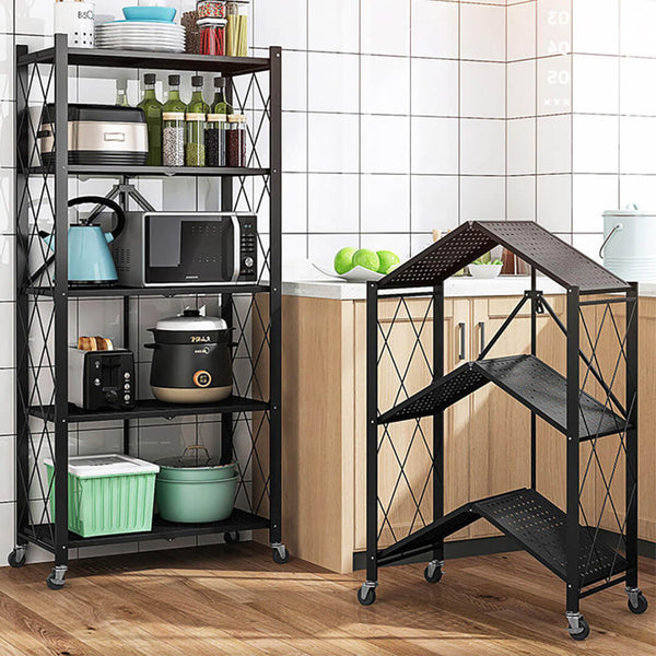 Foldable 5-Layer Metal Shelves with Wheels – Black