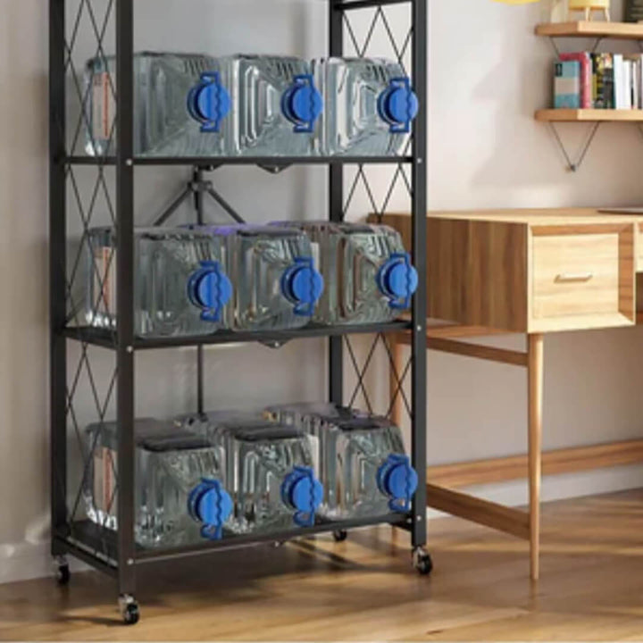 Foldable 5-Layer Metal Shelves with Wheels – Black