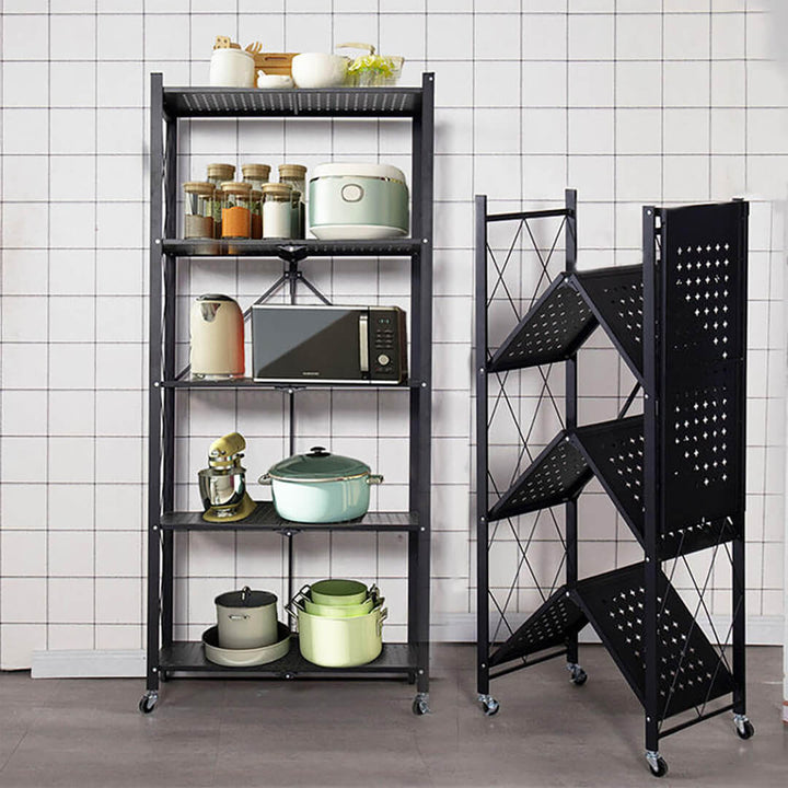 Foldable 5-Layer Metal Shelves with Wheels – Black
