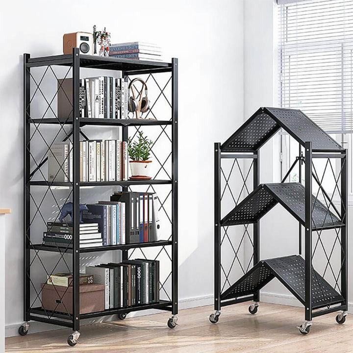 Foldable 5-Layer Metal Shelves with Wheels – Black