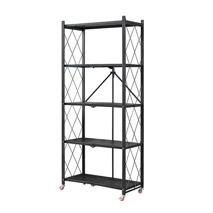 Foldable 5-Layer Metal Shelves with Wheels – Black Black