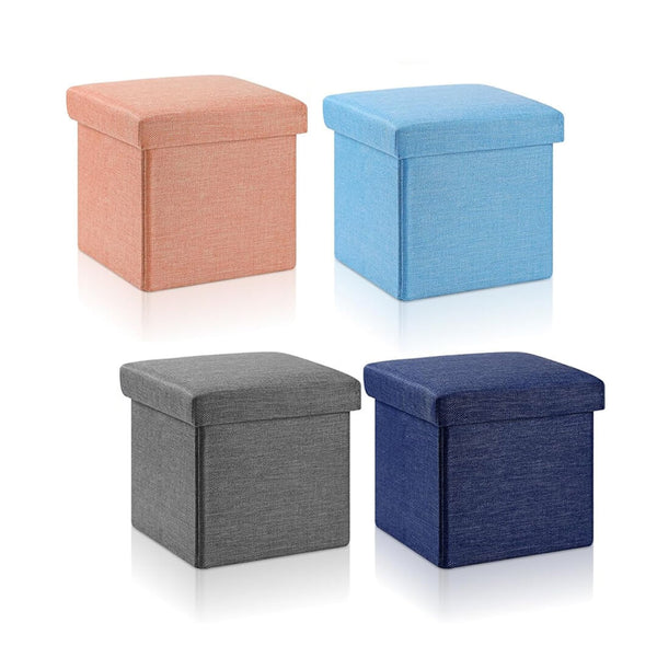 Foldable fabric storage stool with cushioned top in grey, peach, blue and navy colors.