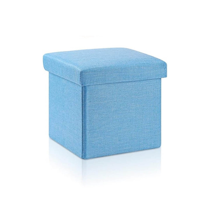 Blue foldable fabric storage stool with cushioned top