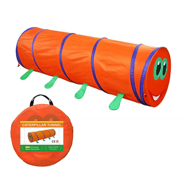 Foldable orange caterpillar tunnel tent for toddlers and kids