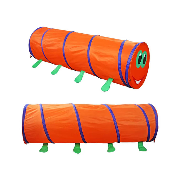 Hide-and-seek foldable tunnel with caterpillar face