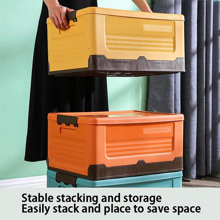 Stackable plastic storage boxes in orange, teal, and yellow colors with lids.