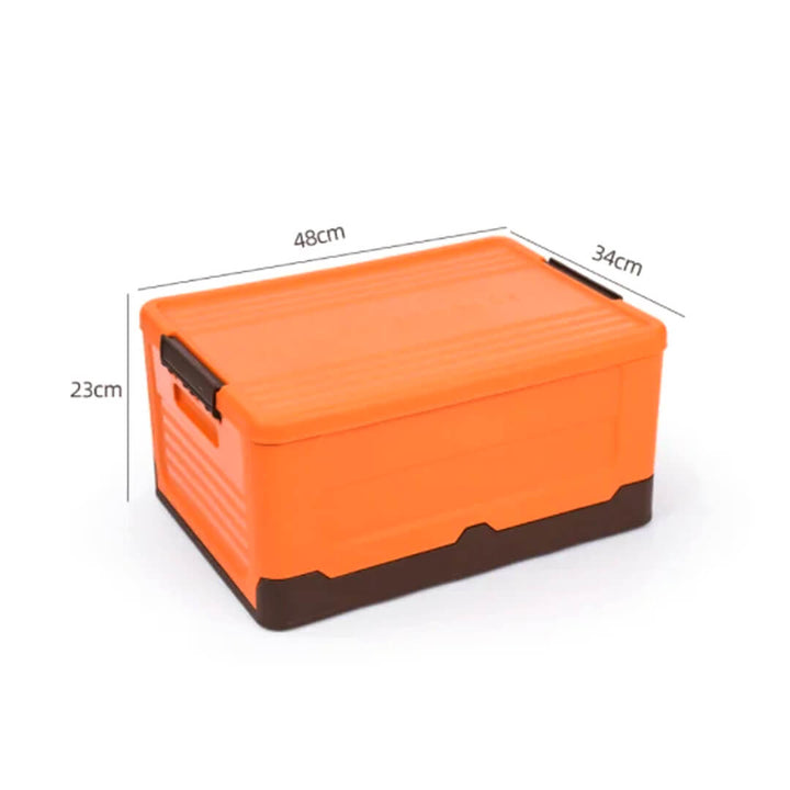 Stackable orange plastic storage box for home or garage, 48 x 34 cm.