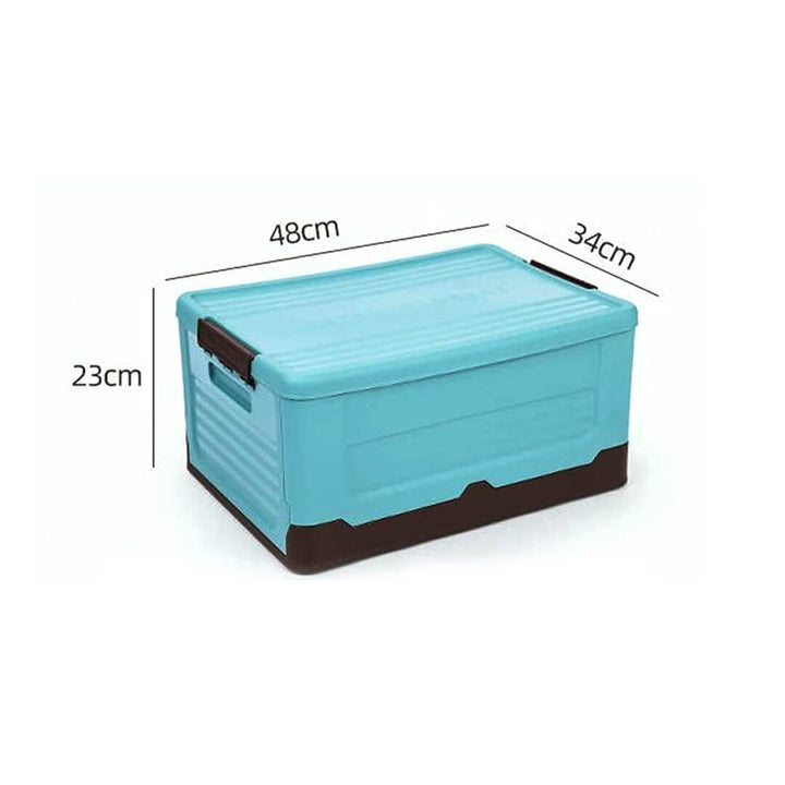 Foldable and stackable plastic storage boxes in orange, teal, and yellow colors with lids, dimensions