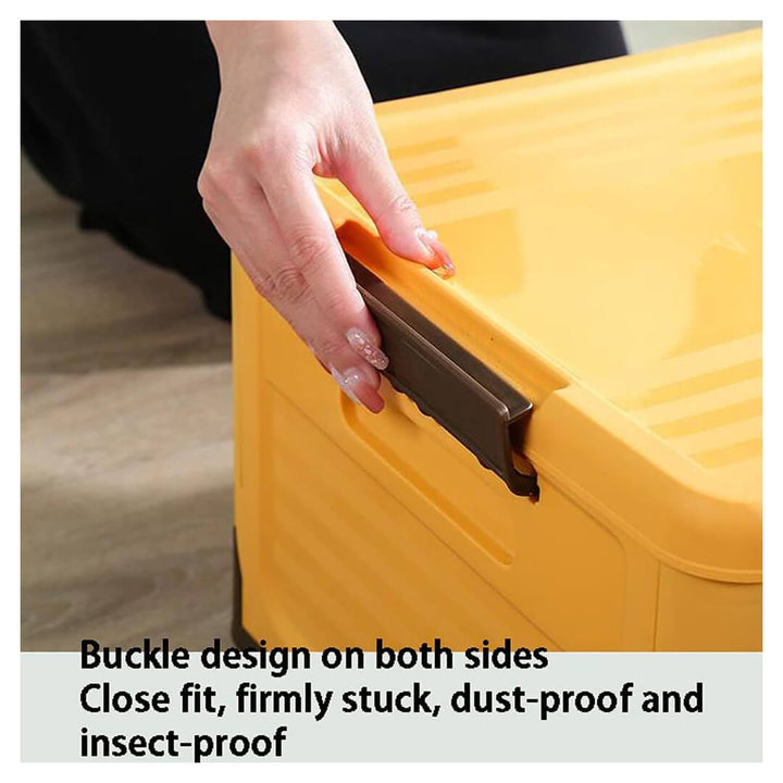 Foldable plastic storage box with lid, buckle design on both sides.