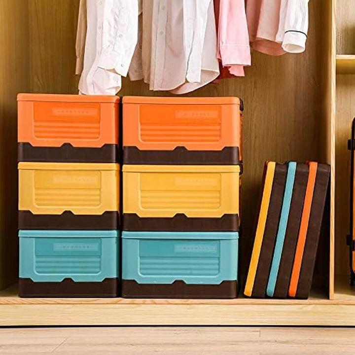 Foldable, Stackable plastic storage boxes with lids, dustroof and save space.