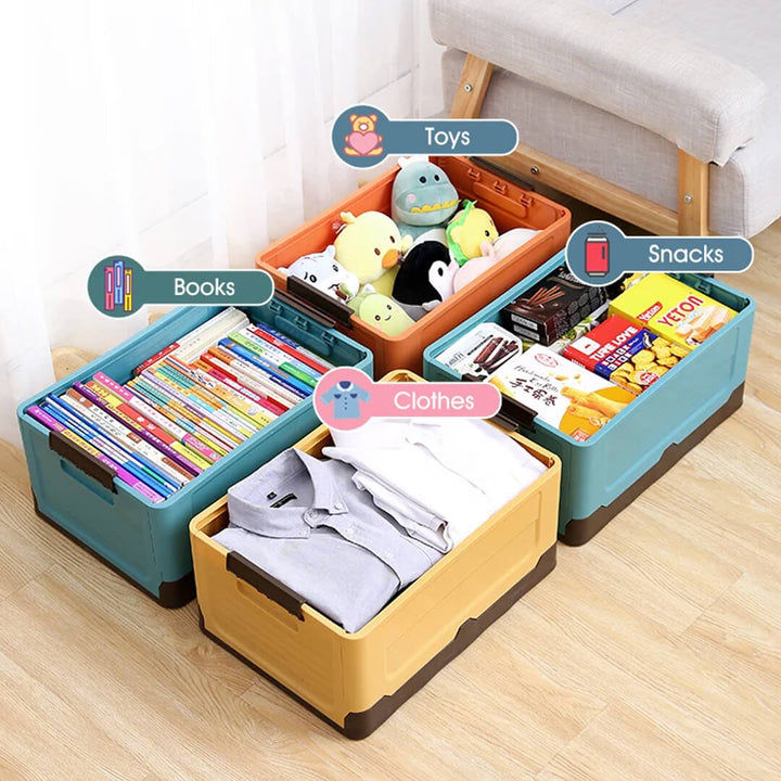 Mult-use Foldable plastic storage box with lid, for snacks, clothes, toys and books.