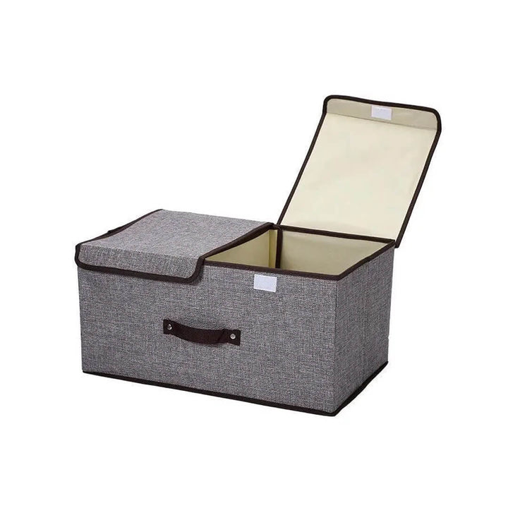 Foldable Storage box with lid, divider, and handles in gray color for clothes and accessories.
