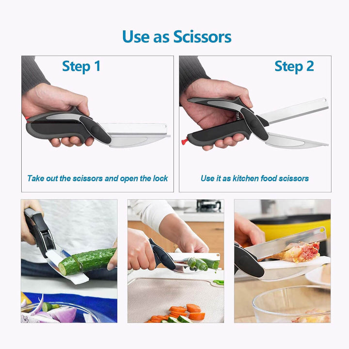 Food cutter scissors with built-in cutting board