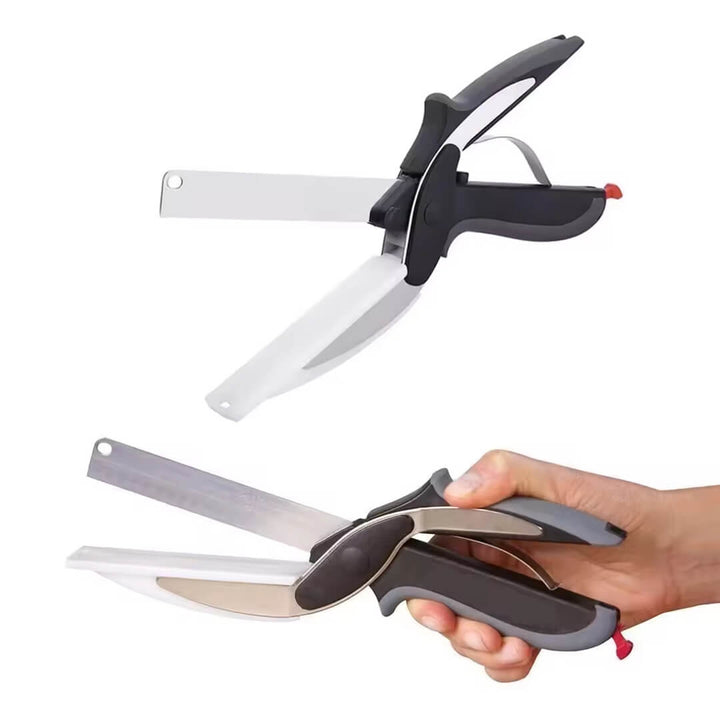 Multi-use scissors and board combo for the kitchen
