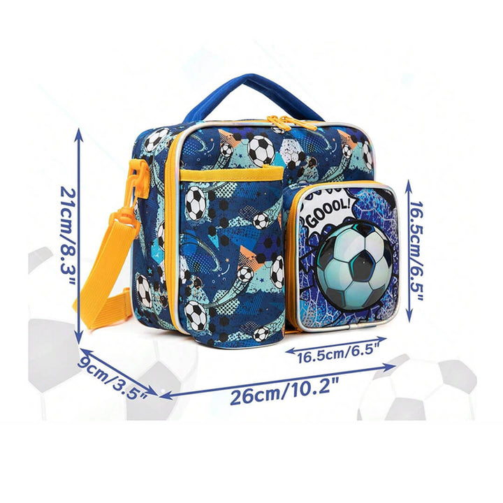Kids lunch box with main, front, and bottle compartments, dimensions