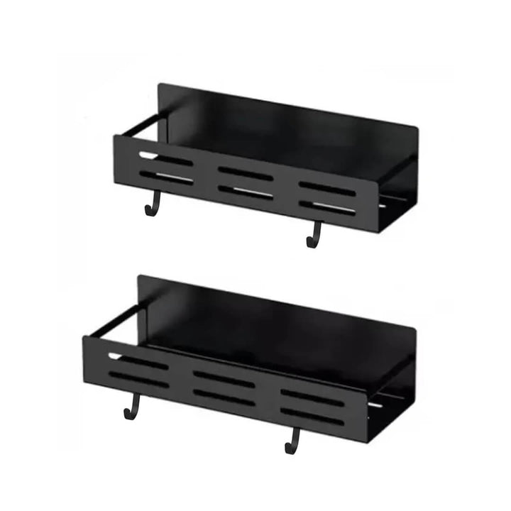 Black magnetic spice shelves with hooks for spice jars and holding towels