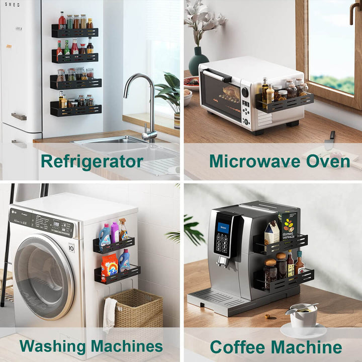 Set of two magnetic spice racks mounted on fridge, microwave and washing machine