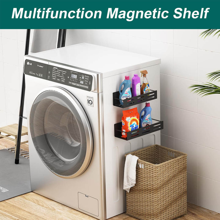 Magnetic shelf set used on washing machine for space-saving storage
