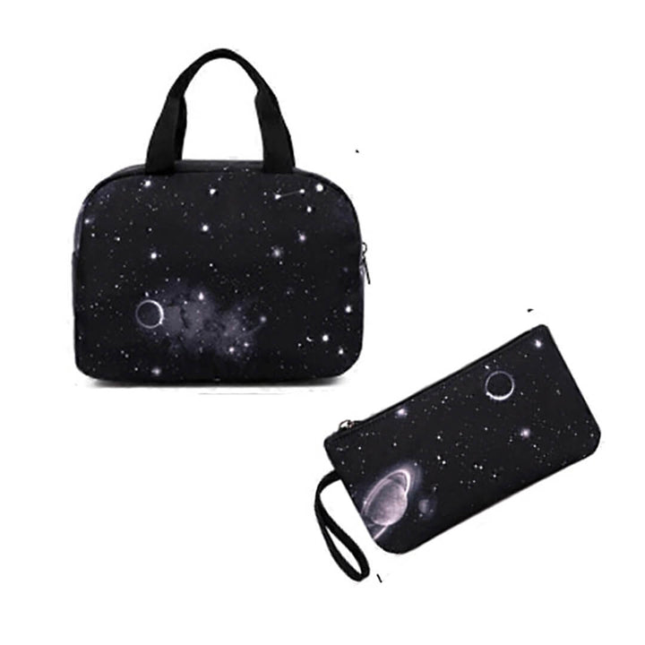 Starry galaxy lunch bag and pencil case set in black and grey