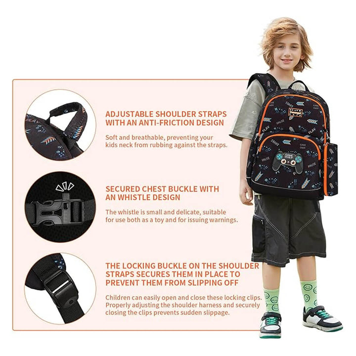 Black and orange gamer school backpack set for ages 5–10
