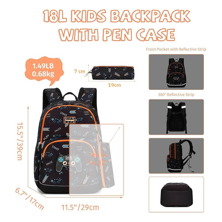 Stylish gamer backpack & pencil case for elementary students, dimensions