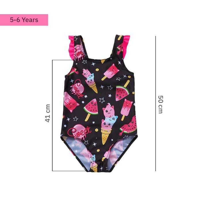 Girls Black Swimsuit with Colorful Ice Cream Print (5-6 years) 5 - 6 Years