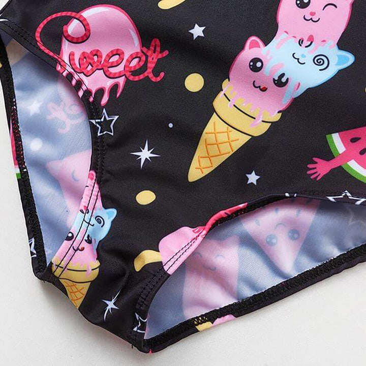 Girls Black Swimsuit with Colorful Ice Cream Print (5-6 years)