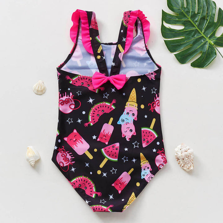 Girls Black Swimsuit with Colorful Ice Cream Print (5-6 years)