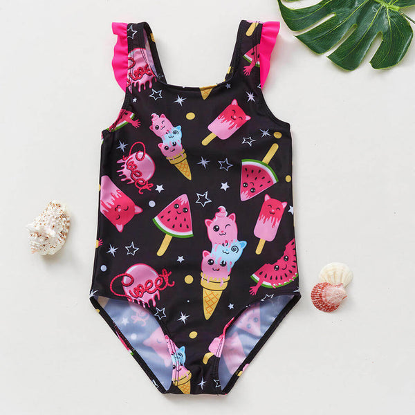 Girls Black Swimsuit with Colorful Ice Cream Print (5-6 years)