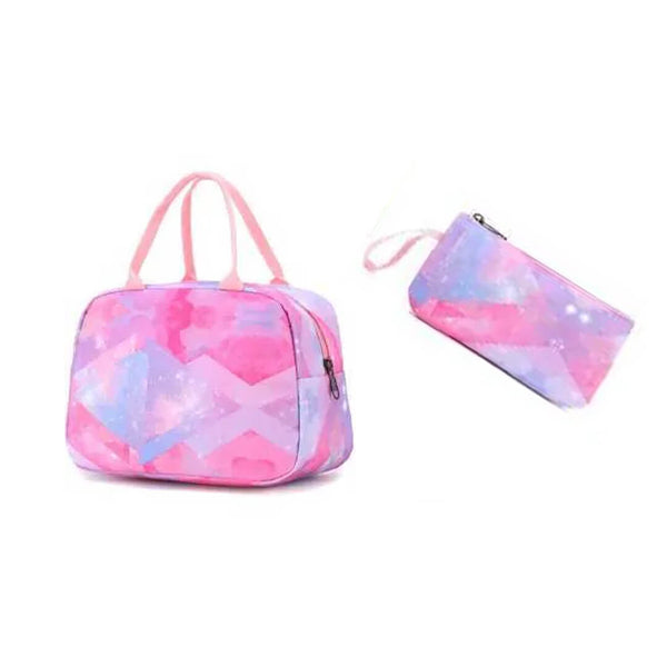 Geometric lunch bag and pencil case set in pink, purple, and blue