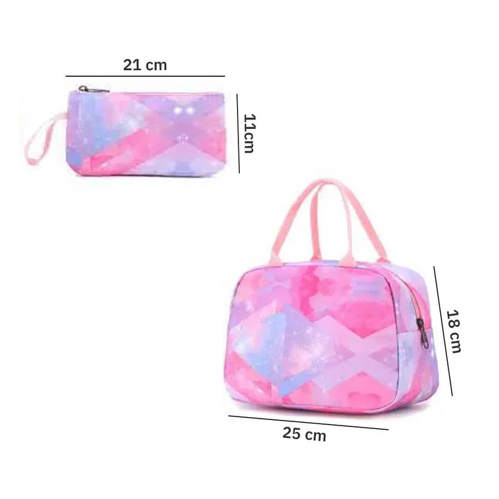 School pink-purple lunch bag set with matching pencil case, dimensions