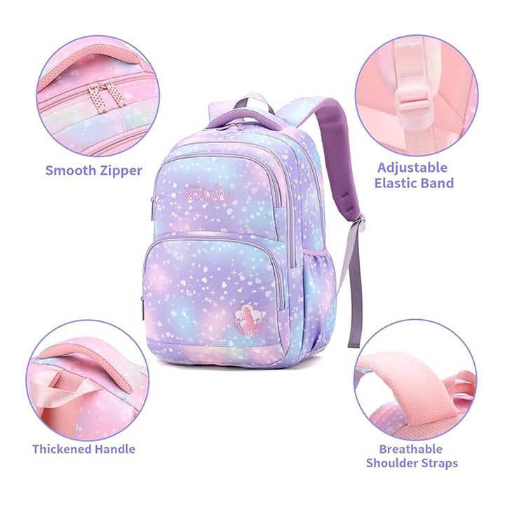 Starry purple backpack for girls with thickened strao