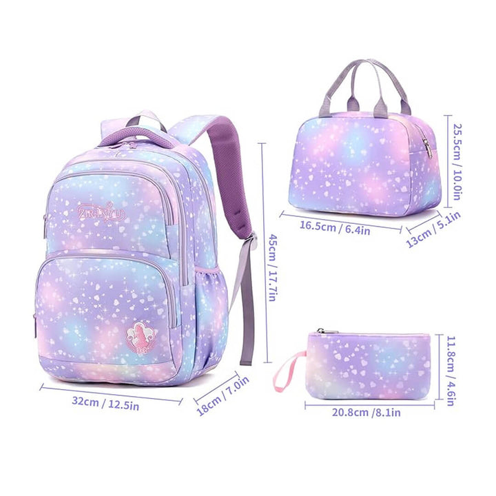 Starry purple backpack with matching lunch bag and pencil case, dimensions