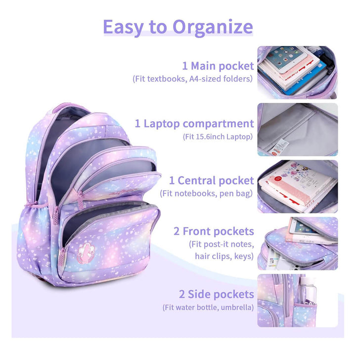 Starry purple backpack with multi compartments for books, laptop & stationery