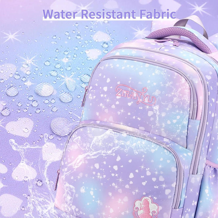 Starry purple school backpack, water-resistant fabric