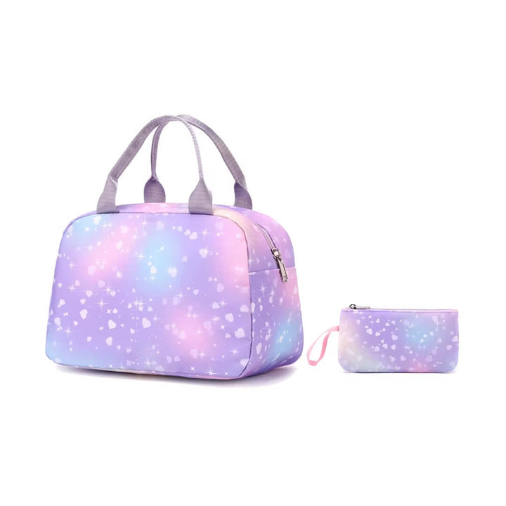 Gradient purple and pink lschool unch bag with matching pencil case