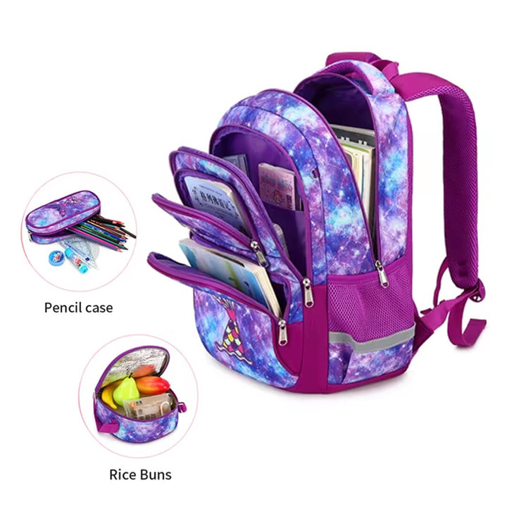 Mermaid school backpack set with durable, water-resistant polyester material