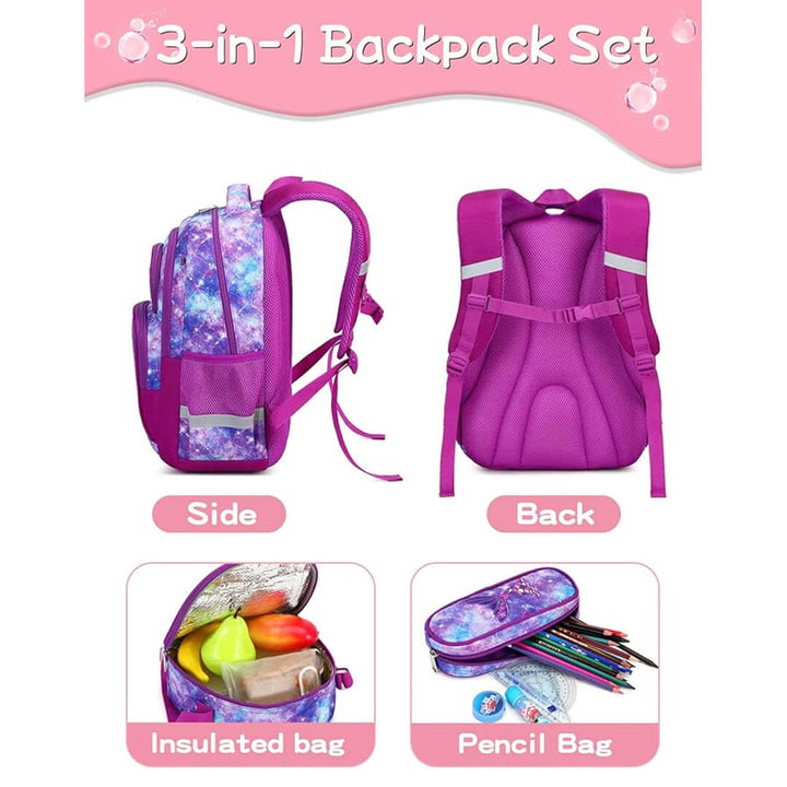 3-in-1  mermaid backpack set with side and back views, insulated bag, and pencil bag 
