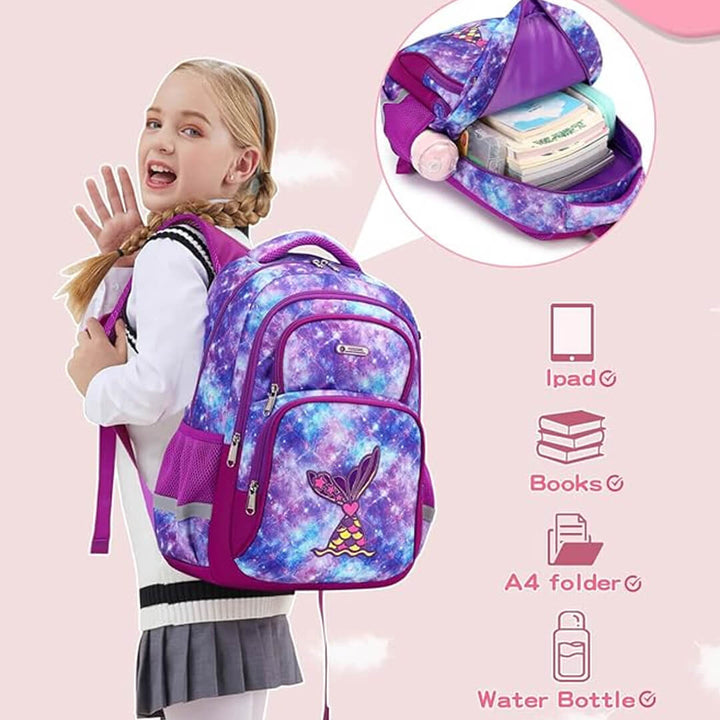 Sparkly Dark purple mermaid Backpack with multi-compartments for grade 1-5