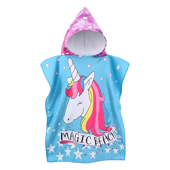 Girls' Microfiber hooded beach towels, blue unicorn, front shot